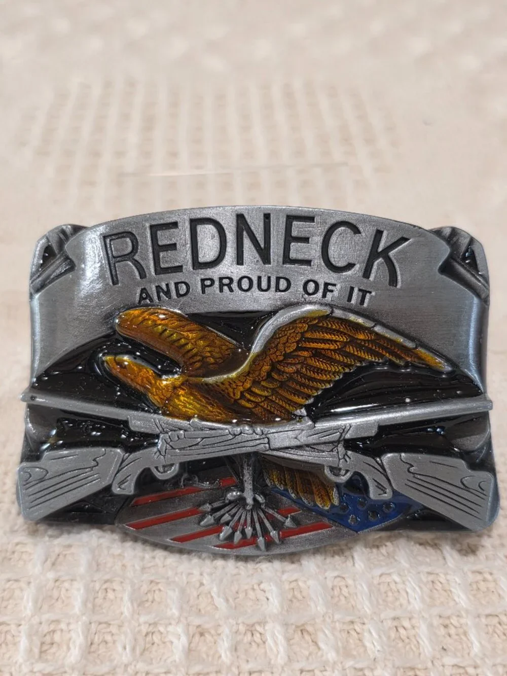 Vintage REDNECK AND PROUD OF IT American Eagle Rifles Flag 3D NOS Belt Buckle
